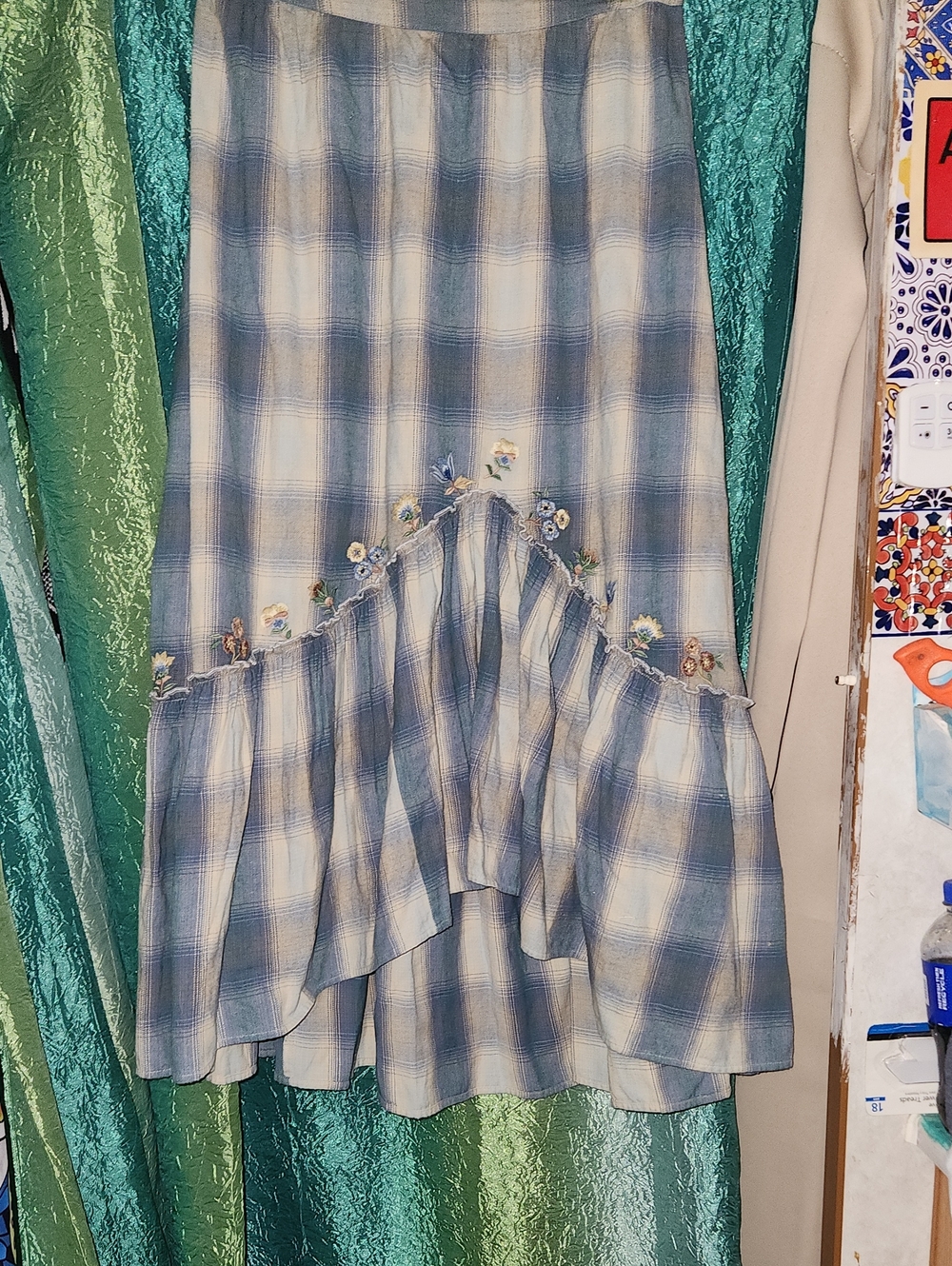 April Cornell Blue Plaid High-Low Skirt with Floral Embroidery